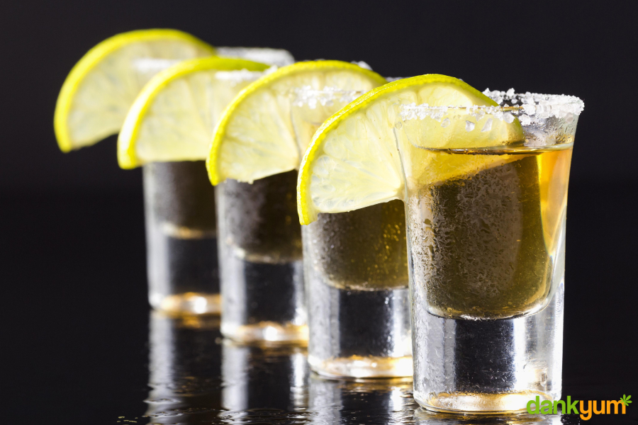 cannabis infused tequila shots with lemon and salt garnish